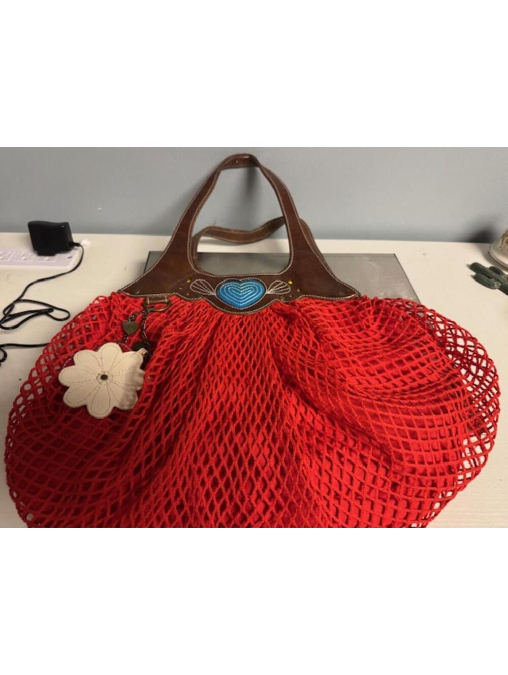 Luella Red Mesh Tote Bag with Leather Accents and Charm